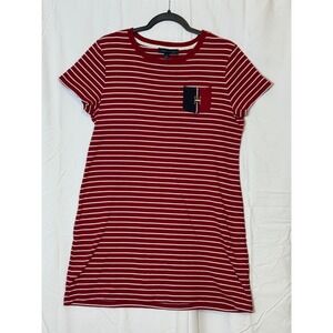Tommy Hilfiger Womens Red White Striped Pocket T-Shirt Dress Gold H Logo Large